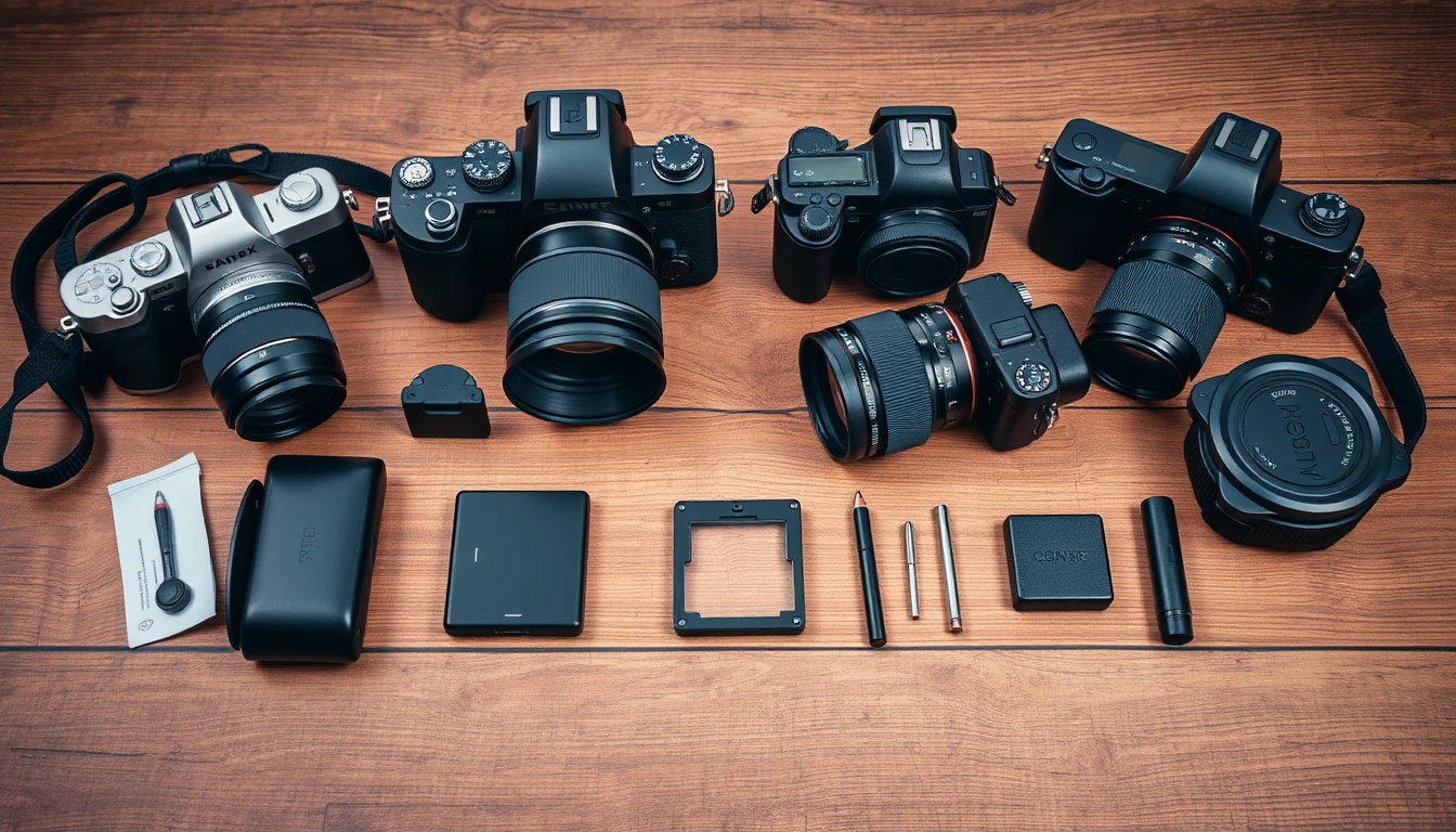 Camera gear on a wooden table